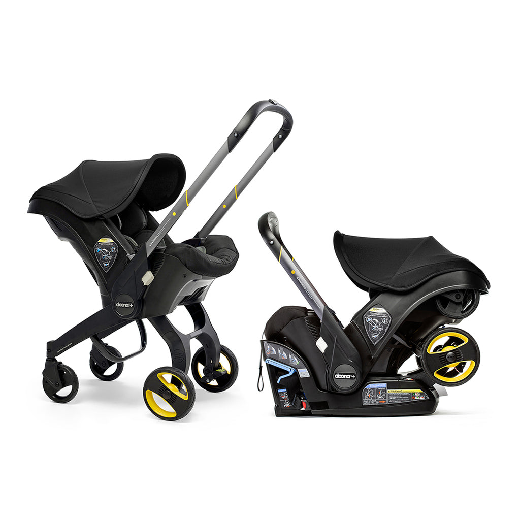 Doona car seat and stroller duo shown in stroller and car seat mode in the color Nitro Black