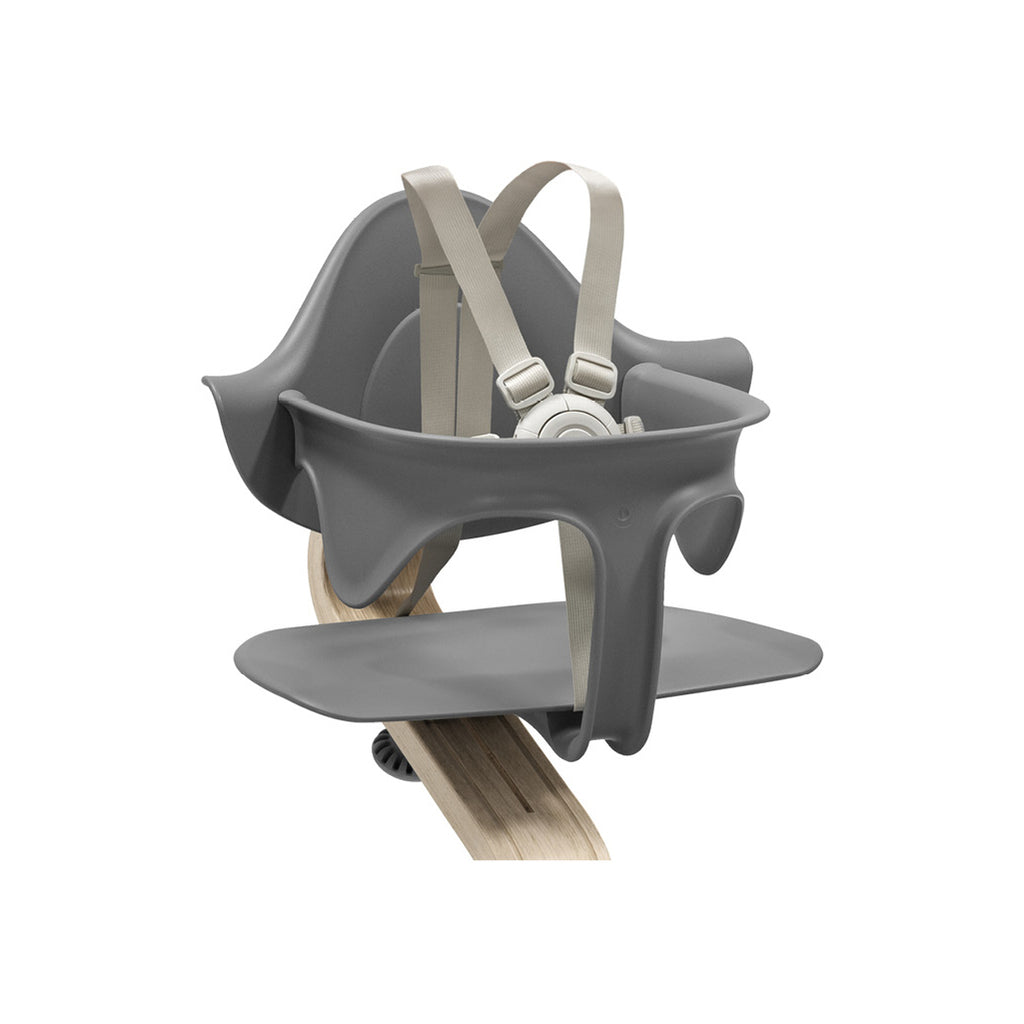 Close up of stokke nomi grey natural highchairs for infants
