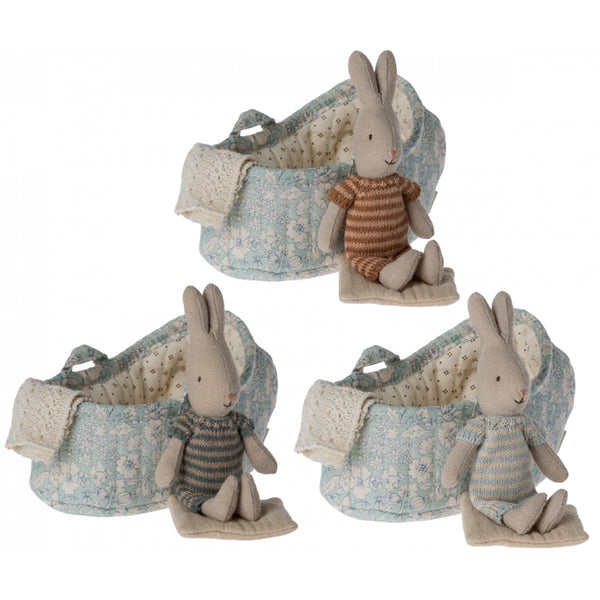 Maileg rabbits in carrycot three piece assorted