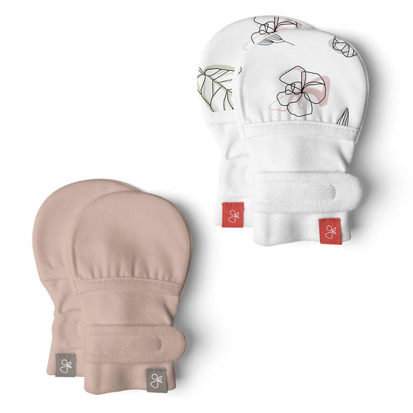 GoumiKids Infant Baby Organic Two-Part Closure Stay On GoumiMitts, 2 Pack abstract floral white beige rose pink