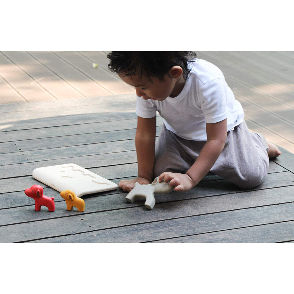 lifestyle_4, Plan Toys Dog Puzzle Children's Wooden Toy Game small yellow medium red large grey