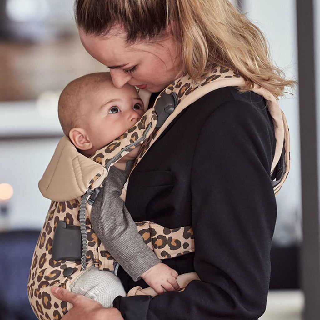 Woman Babywearing in BabyBjorn Leopard ONE Cotton Ergonomic Baby Carrier