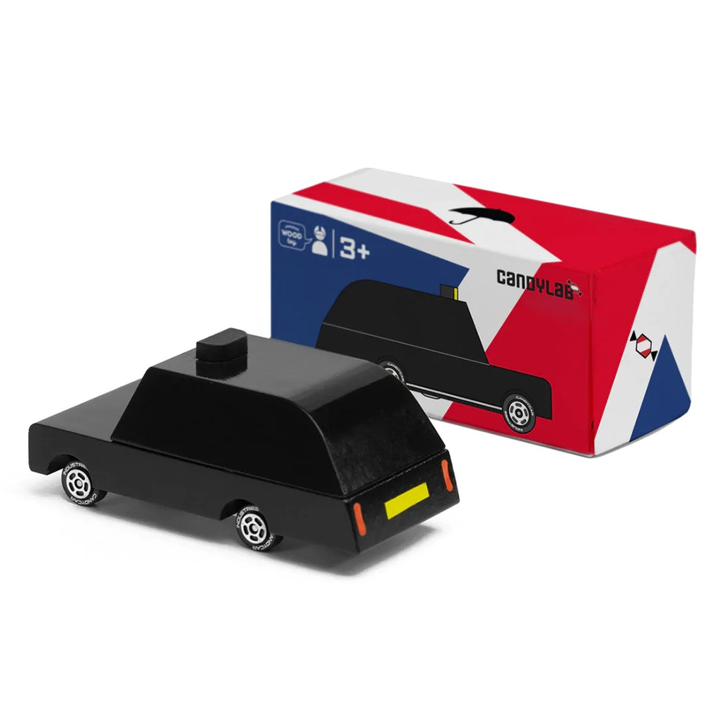 Candylab London Taxi Children's Wooden Toy Car shown with packaging. 