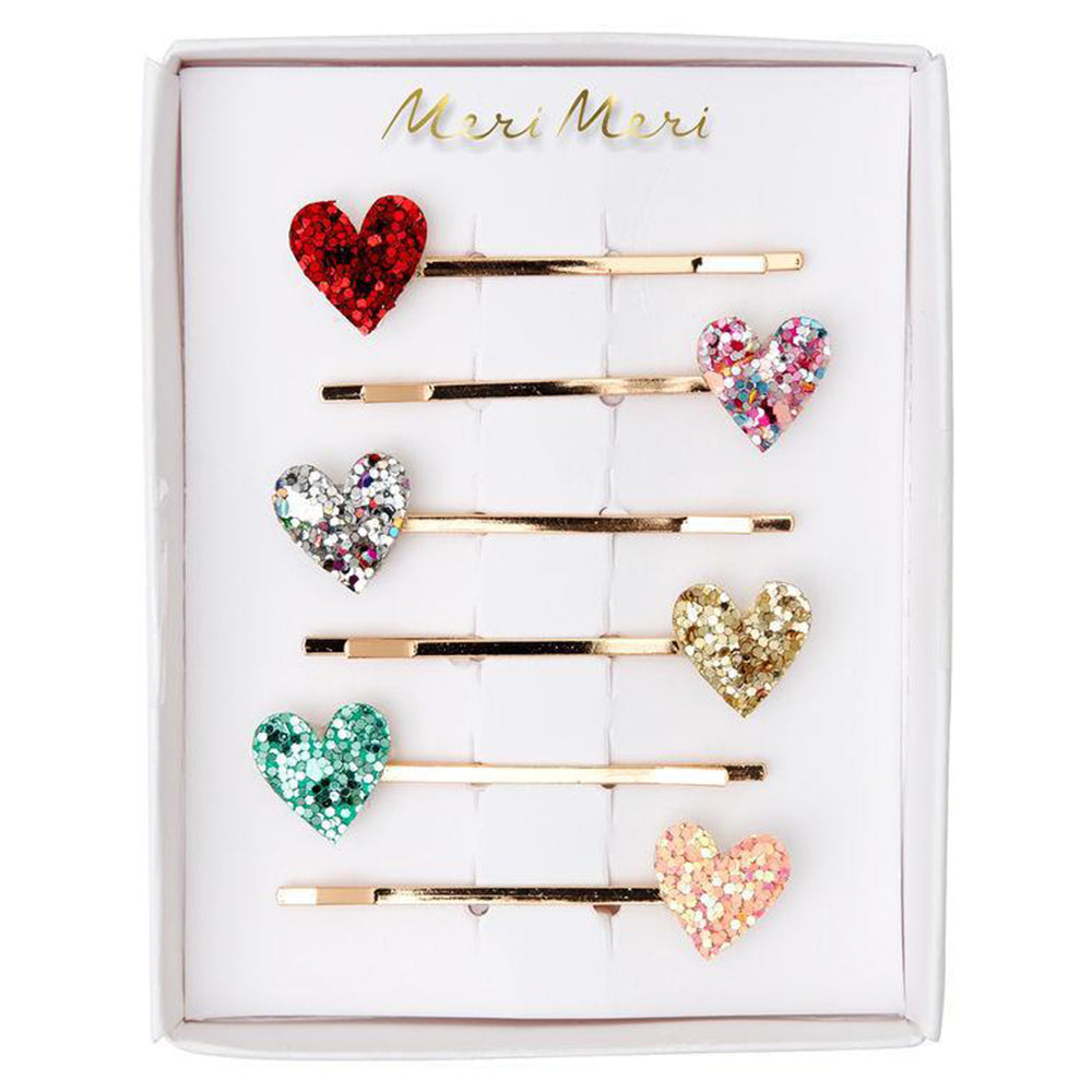 Meri Meri Children's Hair Slide Pin Accessory glitter hearts multicolored 6 pack 