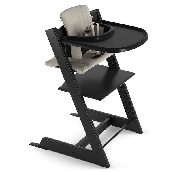 Stokke Tripp Trapp high chairs for babies with black timeless grey cushion and black tray
