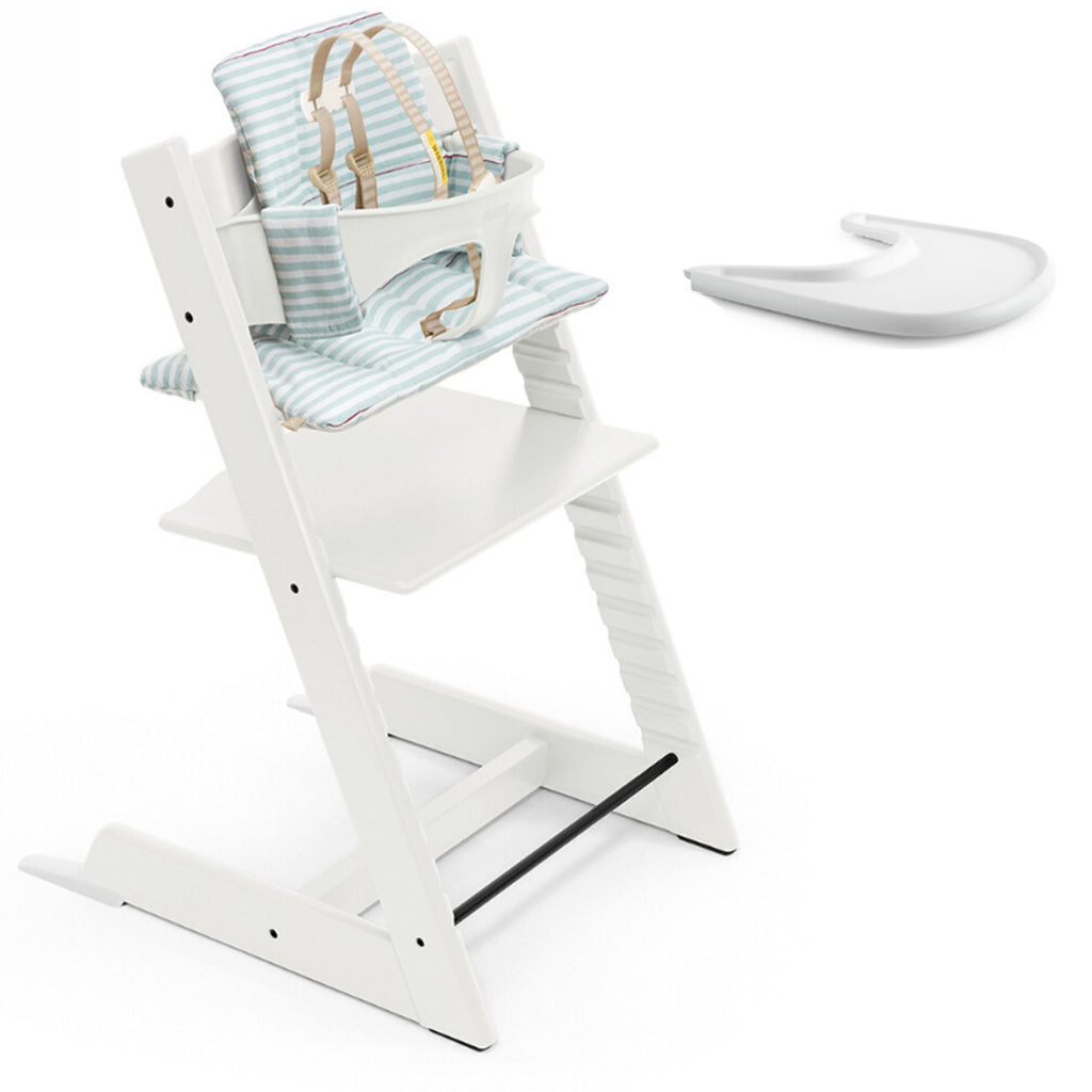 Stokke Tripp Trapp baby high chairs with white aqua stripe cushion and white tray