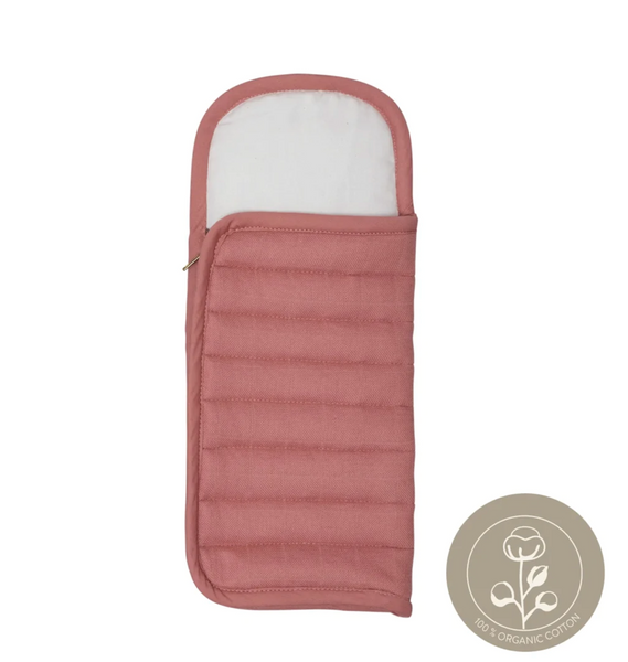 Medium pink and white doll sleeping bag accessory. 
