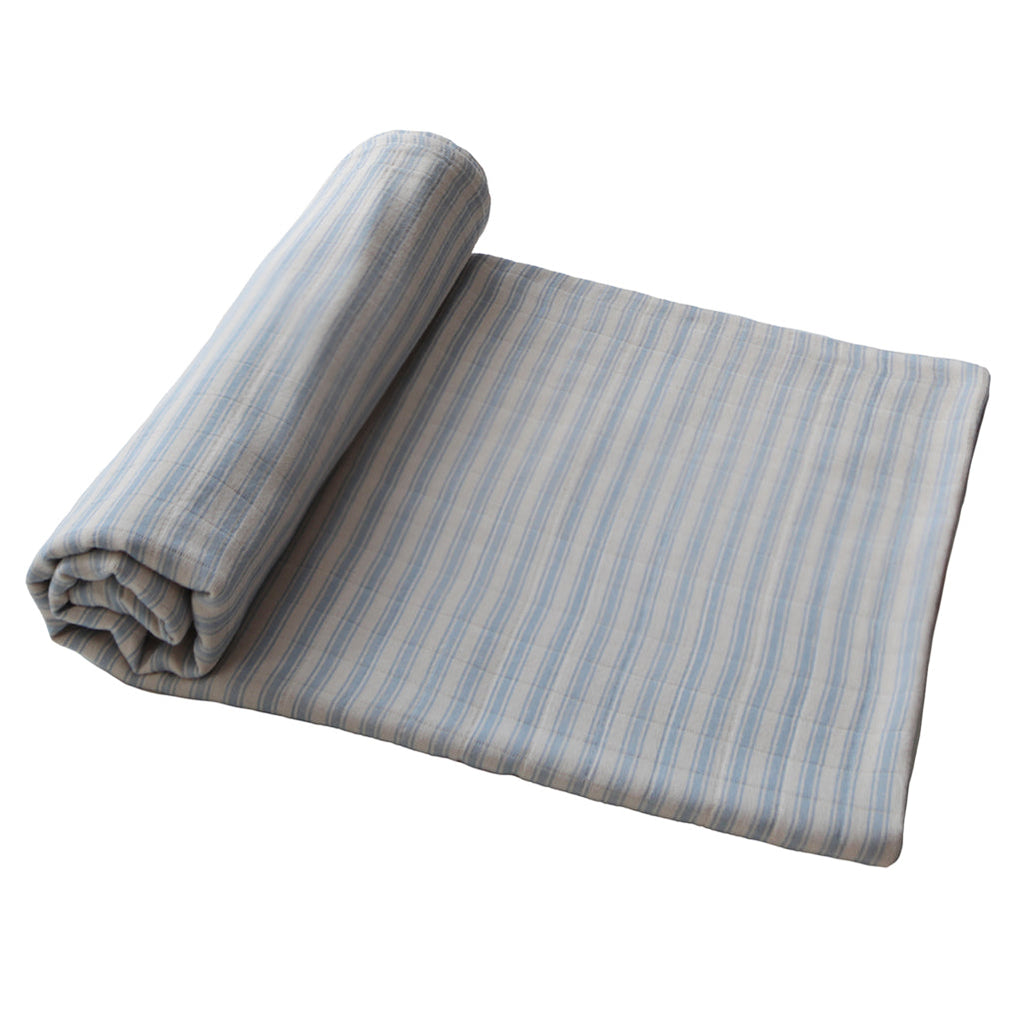 Mushie Blue Stripe Organic Cotton Nursery Swaddling Blanket, how to swaddle a baby