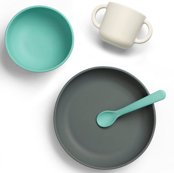 EKOBO Lagoon Suction Silicone Baby Meal Set  - dark grey plate, blue bowl, white cup