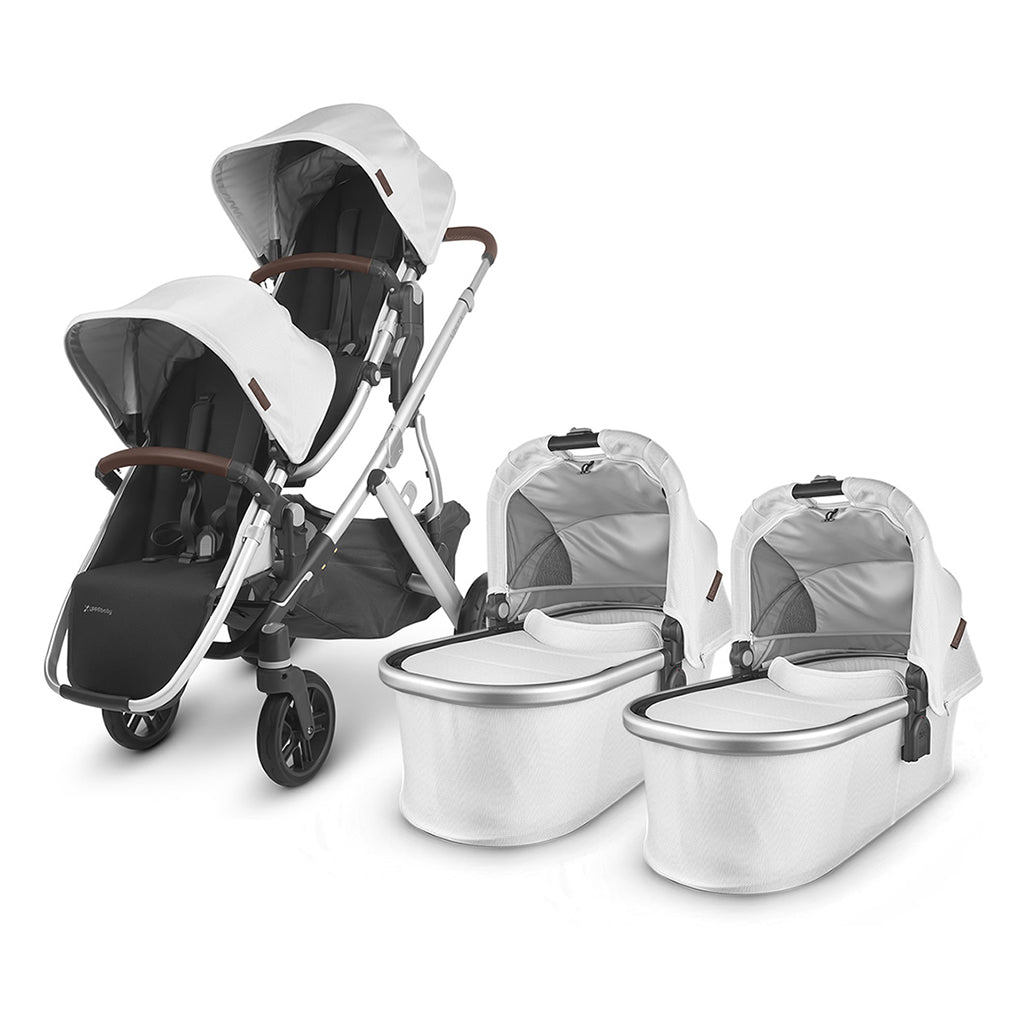 VISTA v2 UPPAbaby best double stroller for infant and toddler with bassinets and rumbleseats in Bryce
