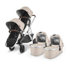 VISTA v2 UPPAbaby double stroller for infant and toddler with bassinets and rumbleseats in Declan