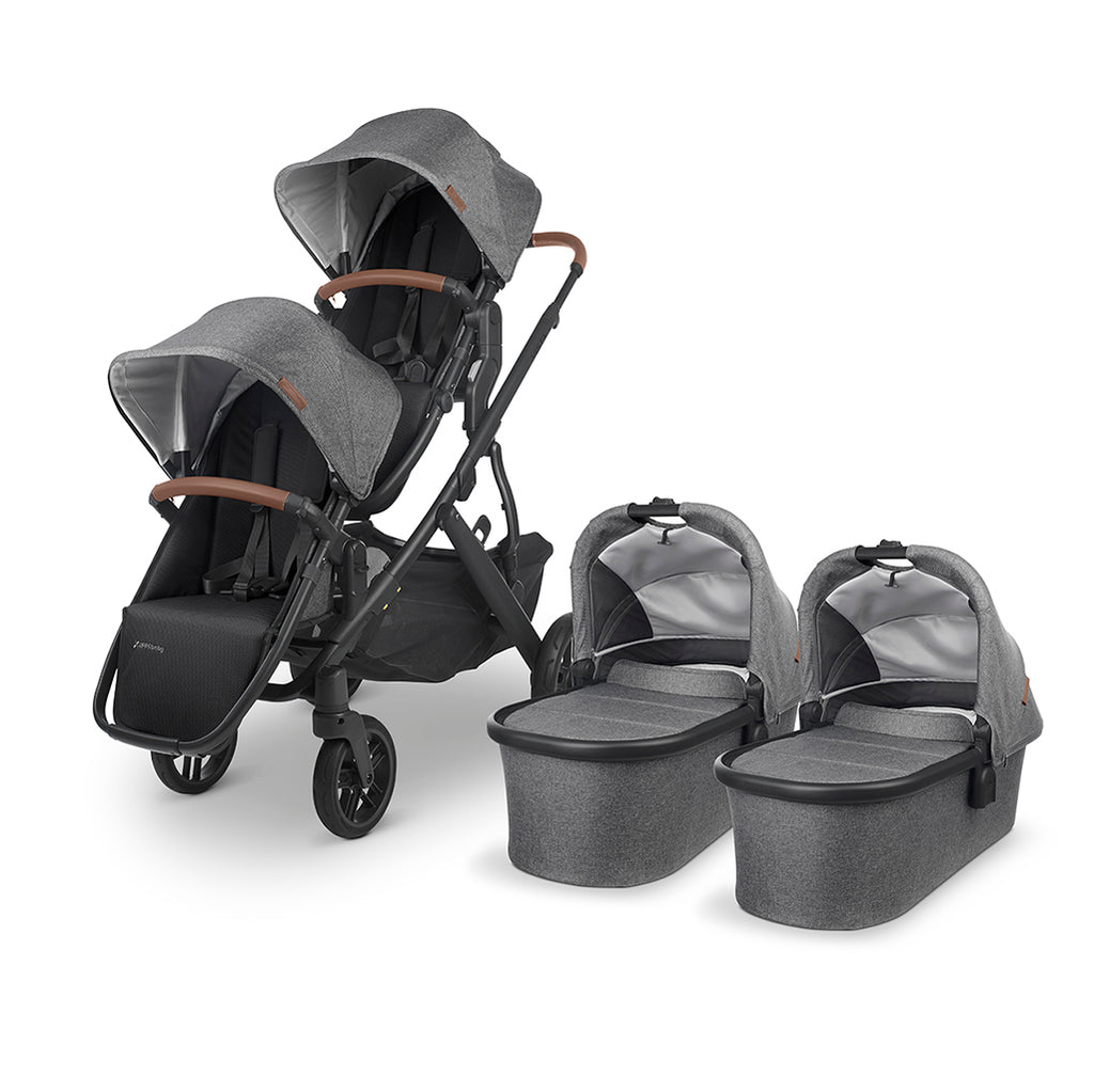 UPPAbaby VISTA v2 double umbrella stroller with bassinets and rumbleseats in Greyson