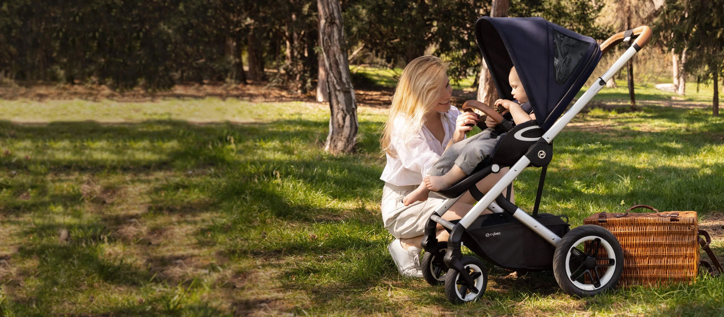 Mom Talking to Baby in Cybex Stroller in a Park
