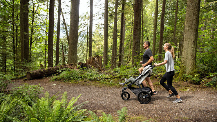 Parents Hike with Child in UPPAbaby RIDGE Jogging Stroller