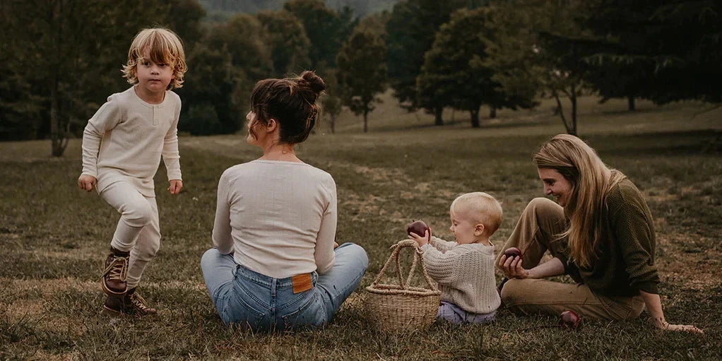 Moms Play with their Kids Wearing The Simple Folk Sustainable Children's Clothing