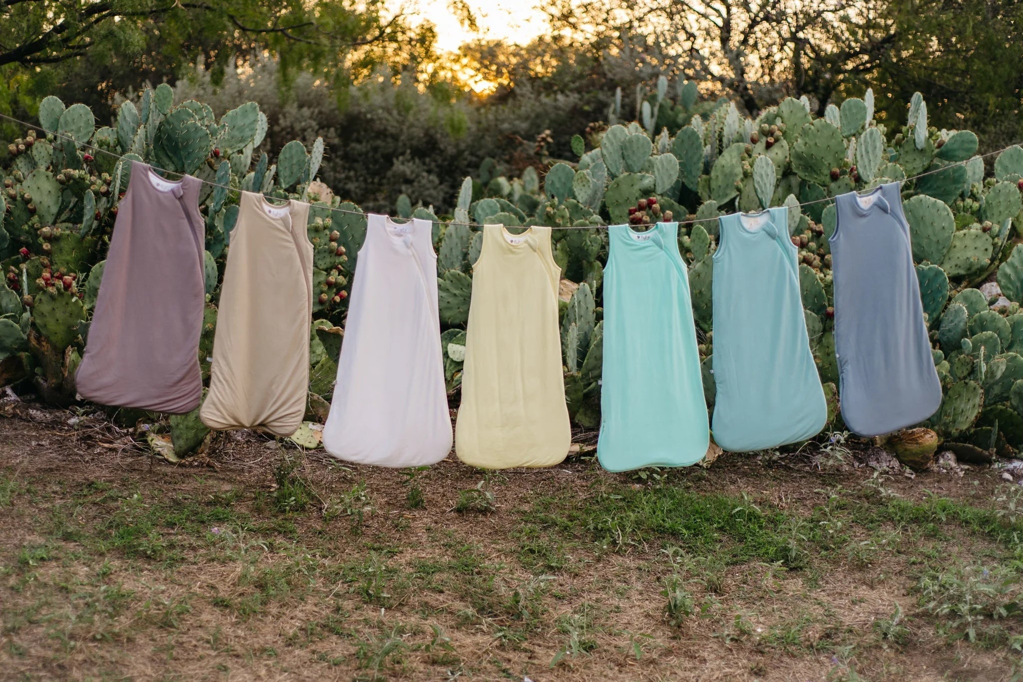 Seven Baby Sleep Sacks Hanging on Clothes Line