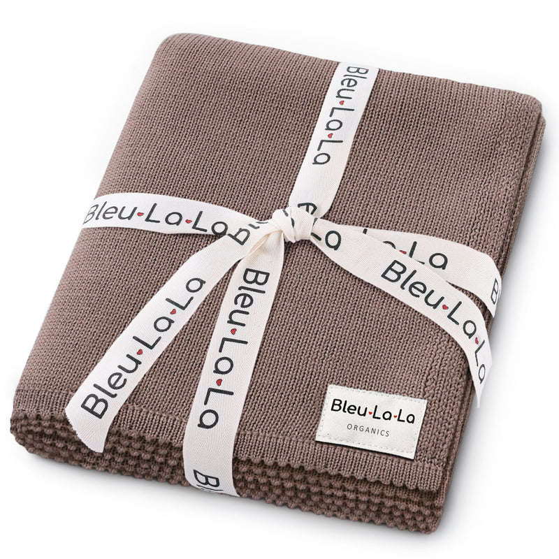 Taupe Bleu La La organic cotton luxe baby blanket wrapped with ribbon, lightweight knit blanket for babies