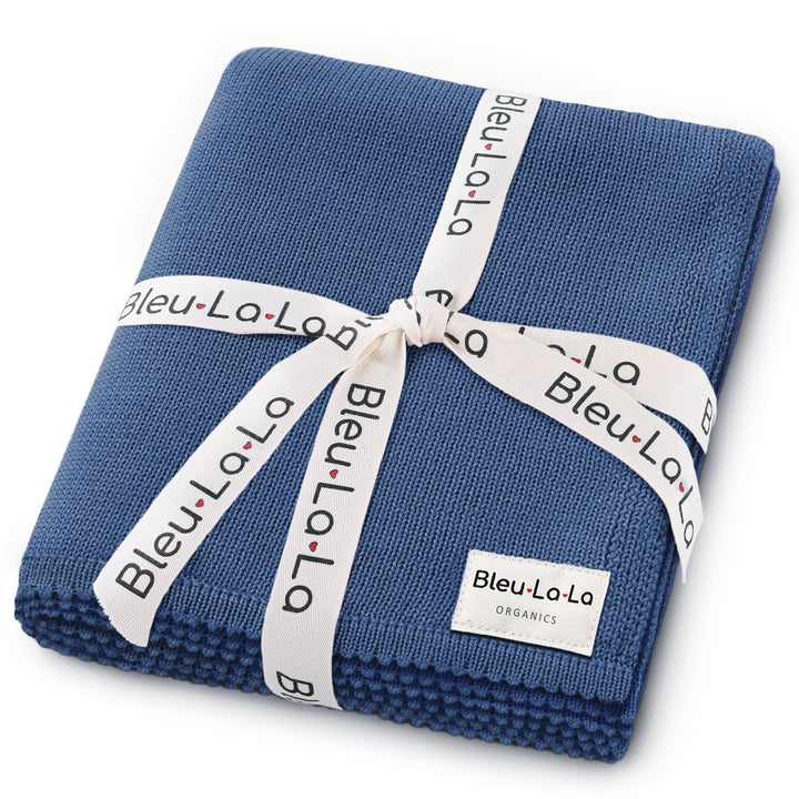 Navy Bleu La La organic cotton luxe baby blanket wrapped with ribbon, premium knit blanket for newborn comfort