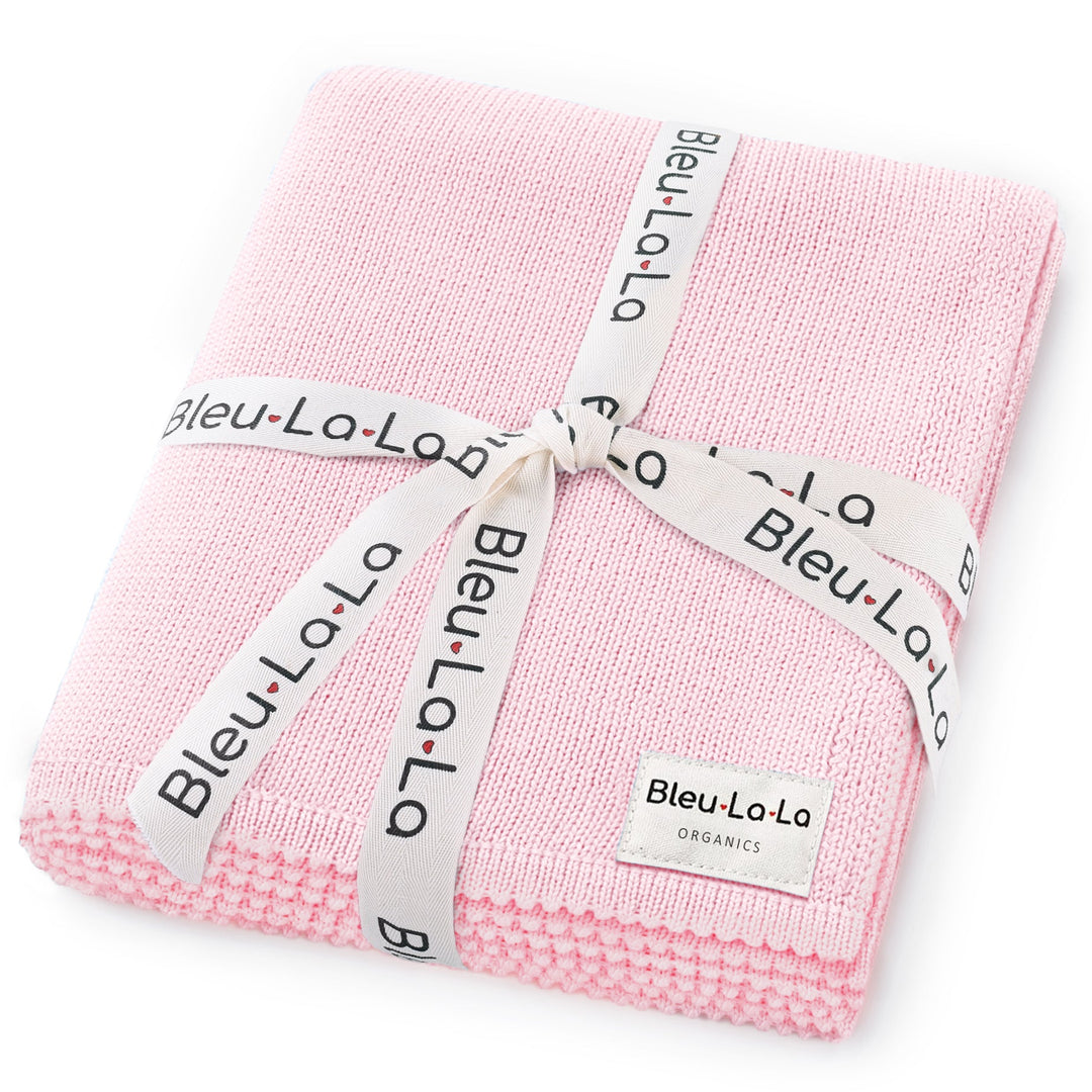 Pink Bleu La La organic cotton luxe baby blanket folded neatly, soft knit baby blanket perfect for gifting