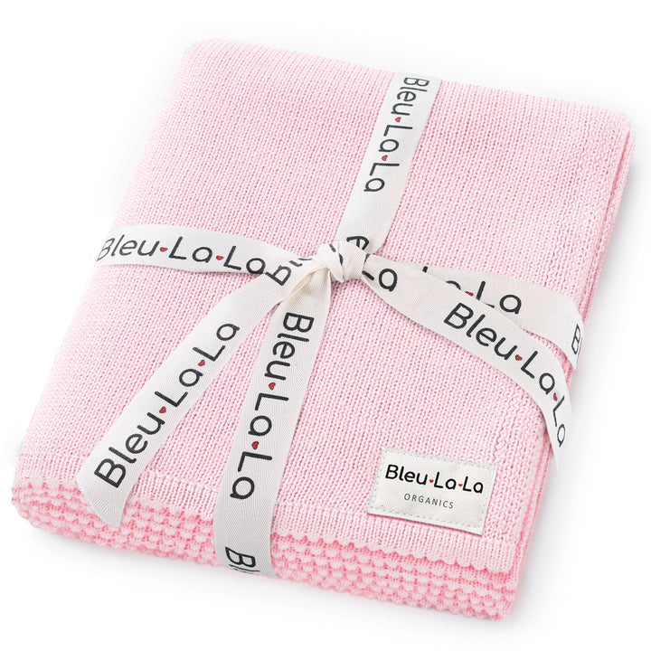 Pink Bleu La La organic cotton luxe baby blanket folded neatly, soft knit baby blanket perfect for gifting