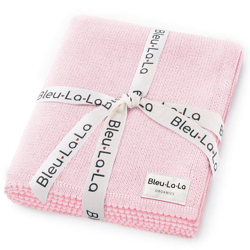Pink Bleu La La organic cotton luxe baby blanket folded neatly, soft knit baby blanket perfect for gifting
