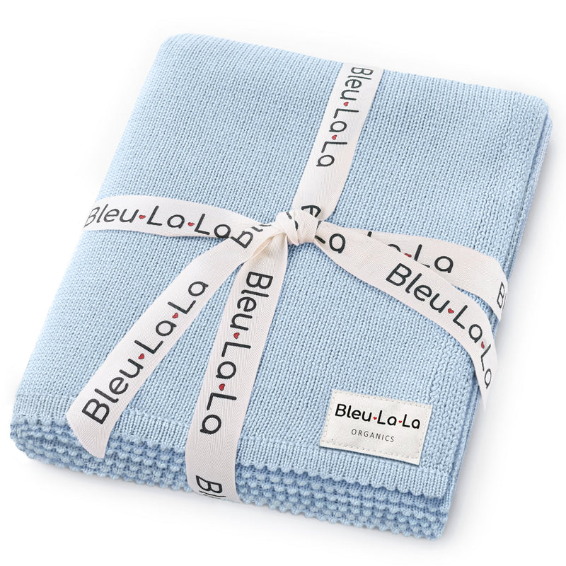 Bleu La La 100% cotton organic luxe baby blanket folded in light blue, soft breathable knit with gift-ready ribbon
