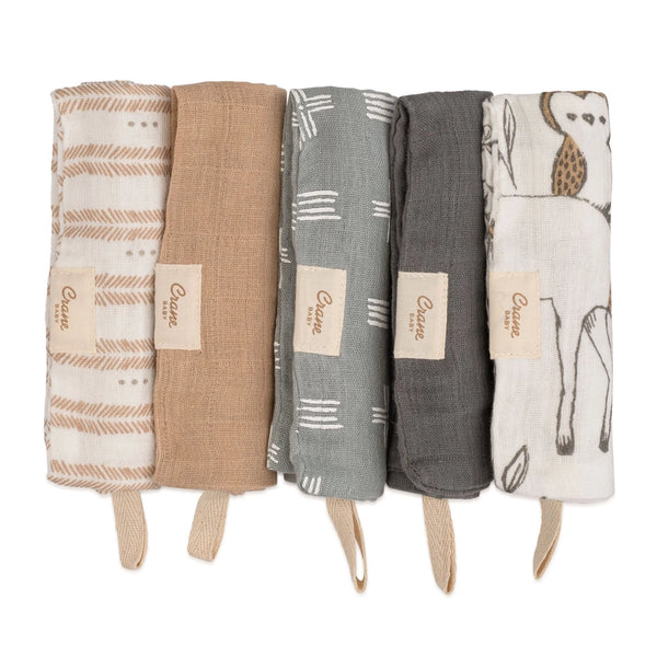 Ezra 5-pc. Wash Cloth Set in Woodland by Crane Baby, offering soft and absorbent baby washcloths with a nature-inspired woodland theme.