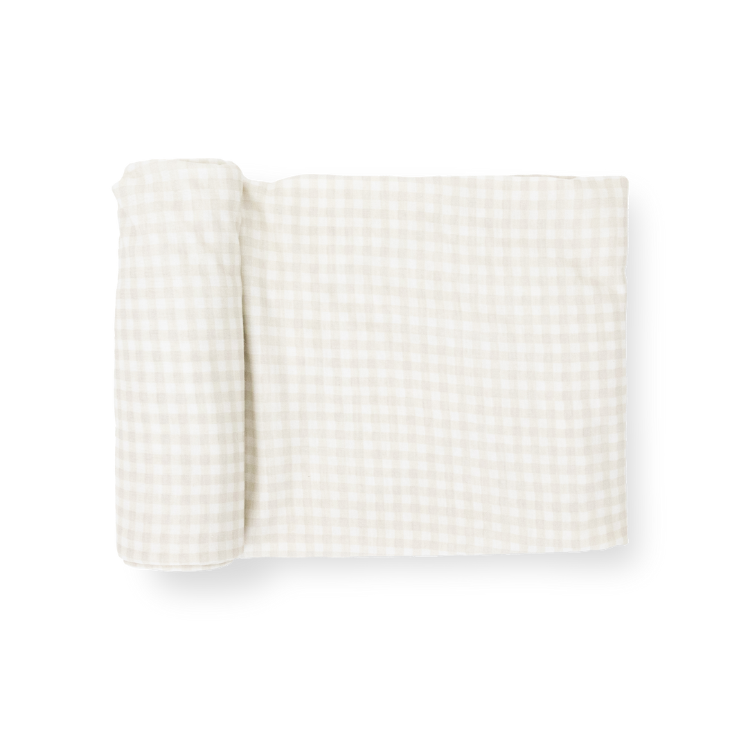 Little Unicorn Stretch Knit Swaddle Blanket in Tan Gingham, soft baby blanket for newborns.
