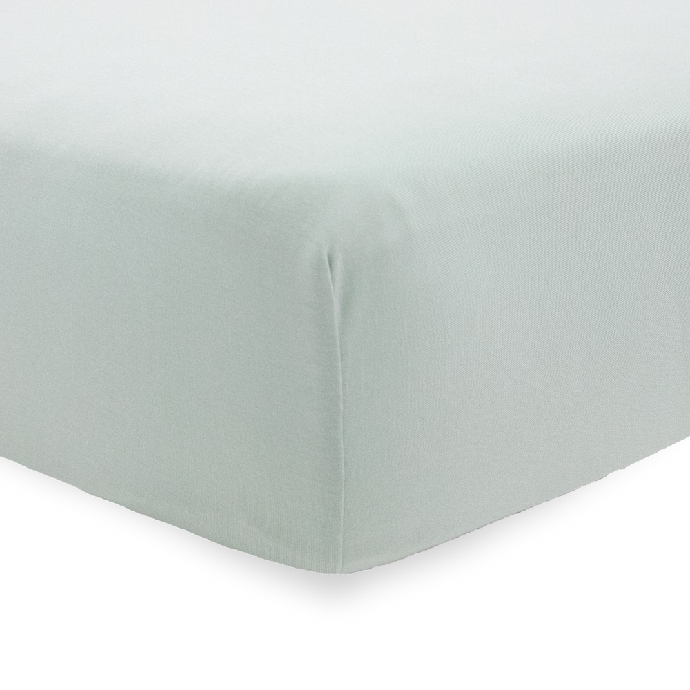 Frost Green Stretch Knit Crib Sheet by Little Unicorn, fitted crib sheet made with gentle, stretchy fabric for baby comfort.