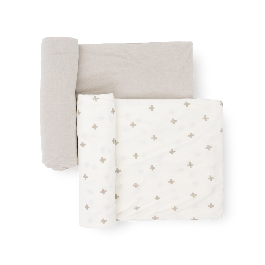 Little Unicorn Stretch Knit Swaddle Blanket 2 Pack - Grey Cross, soft baby blanket for newborns