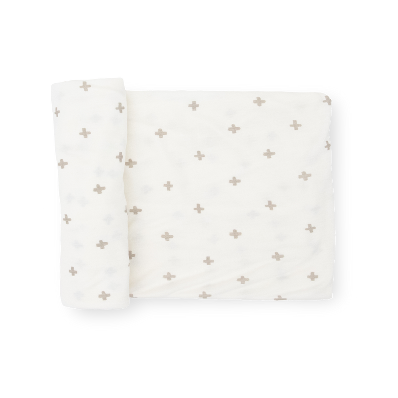 Little Unicorn Stretch Knit Swaddle Blanket - Grey Cross folded neatly, soft muslin blankets for newborn comfort