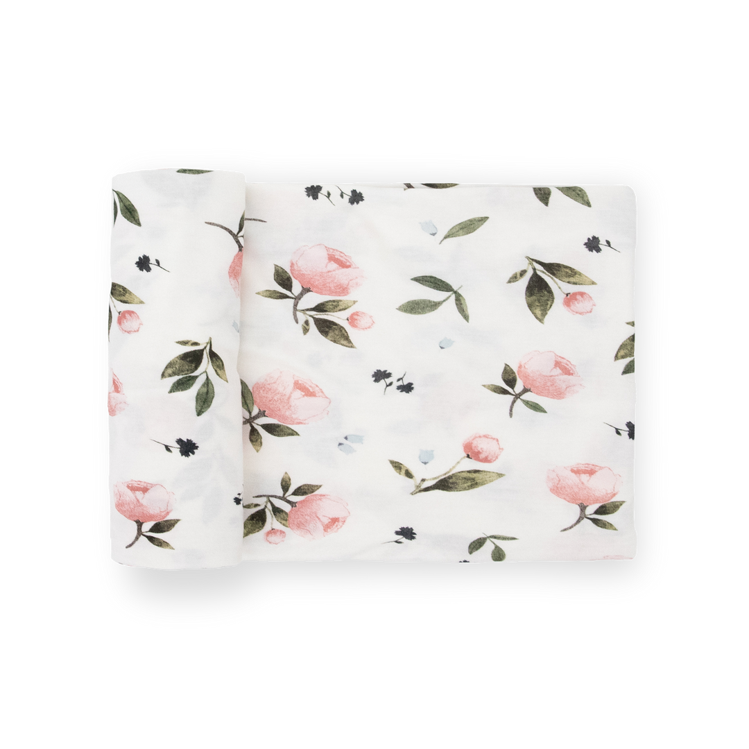 Little Unicorn Stretch Knit Swaddle Blanket in Watercolor Rose, soft baby blanket for newborns.