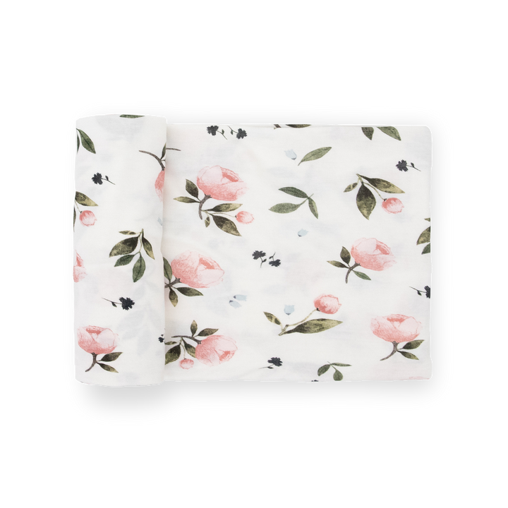 Little Unicorn Stretch Knit Swaddle Blanket in Watercolor Rose, soft baby blanket for newborns.