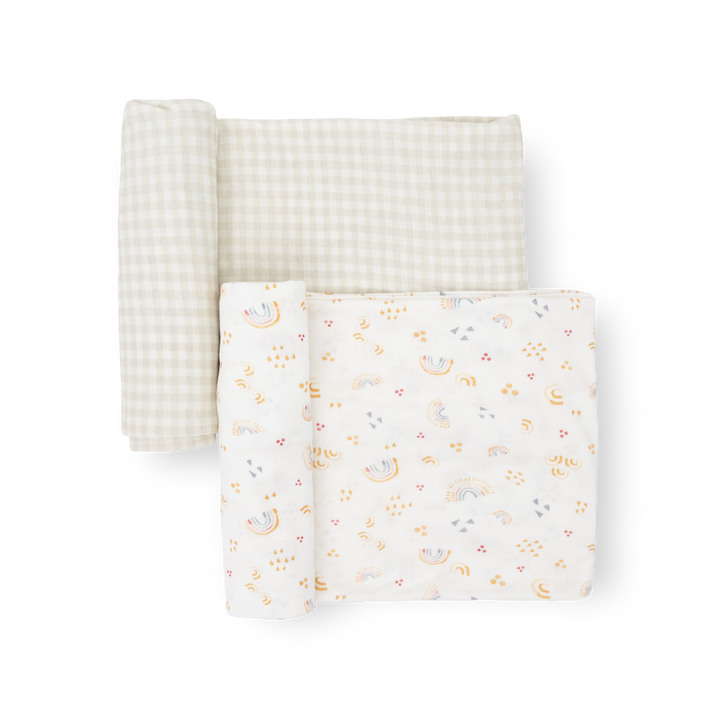 Little Unicorn Stretch Knit Swaddle Blanket 2 Pack - Rainbows in soft muslin blankets for gentle infant swaddling