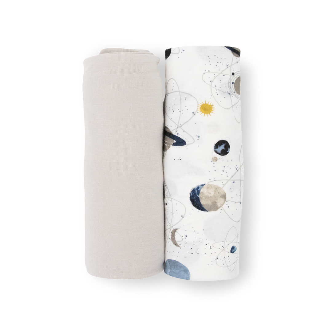 Little Unicorn Planets Stretch Knit Swaddle Blanket 2 Pack, versatile muslin swaddle for babies