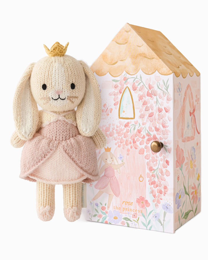 Cuddle + Kind Tiny Rose the Princess hand-knit doll with golden crown and petal dress