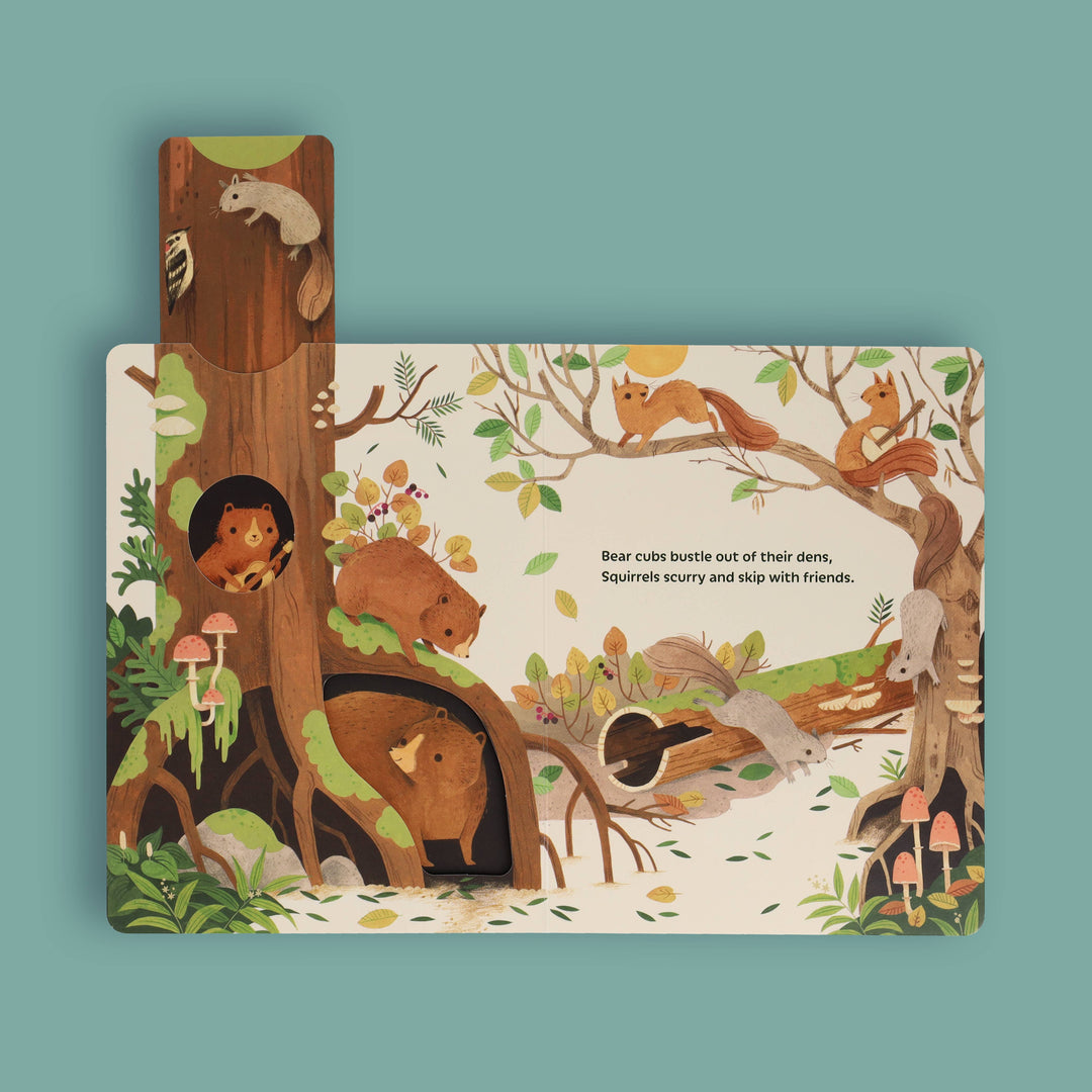 Close-up of bear cub illustration and pull tab in Sunrise Dance