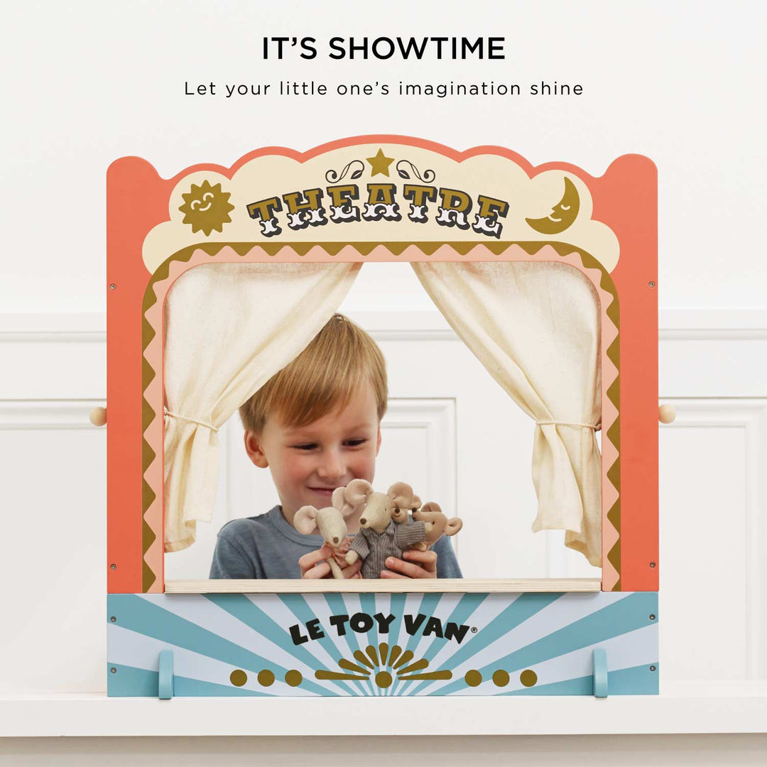 Le Toy Van puppet wooden theatre stage with curtain reveal and performance area