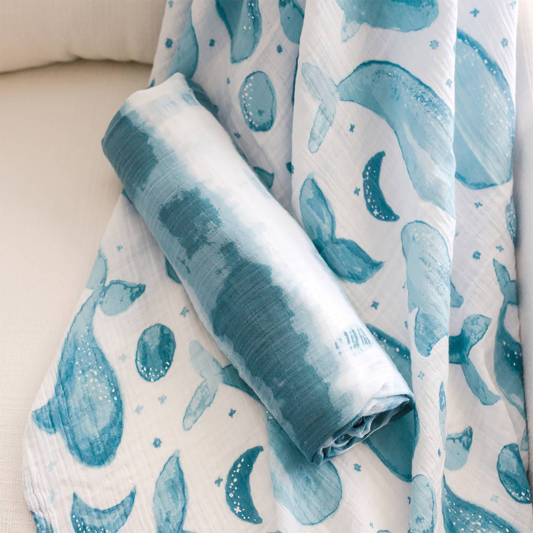 crane baby caspian muslin cotton newborn blue whale swaddle 