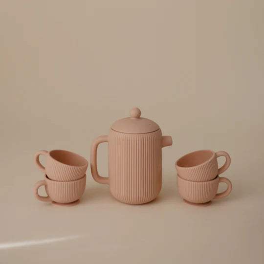 silicone pretend play tea pot set in pink with mushi kettle and mugs for baby