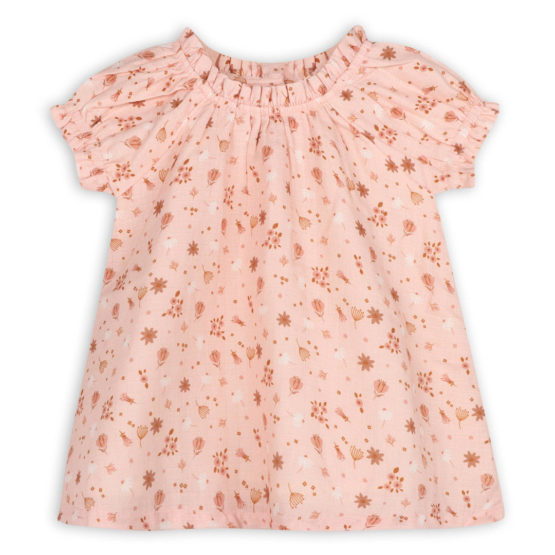Dress your baby girl in Viverano Organics Pink Floral Puff Sleeve Dress, adorable baby girl clothing for everyday wear.