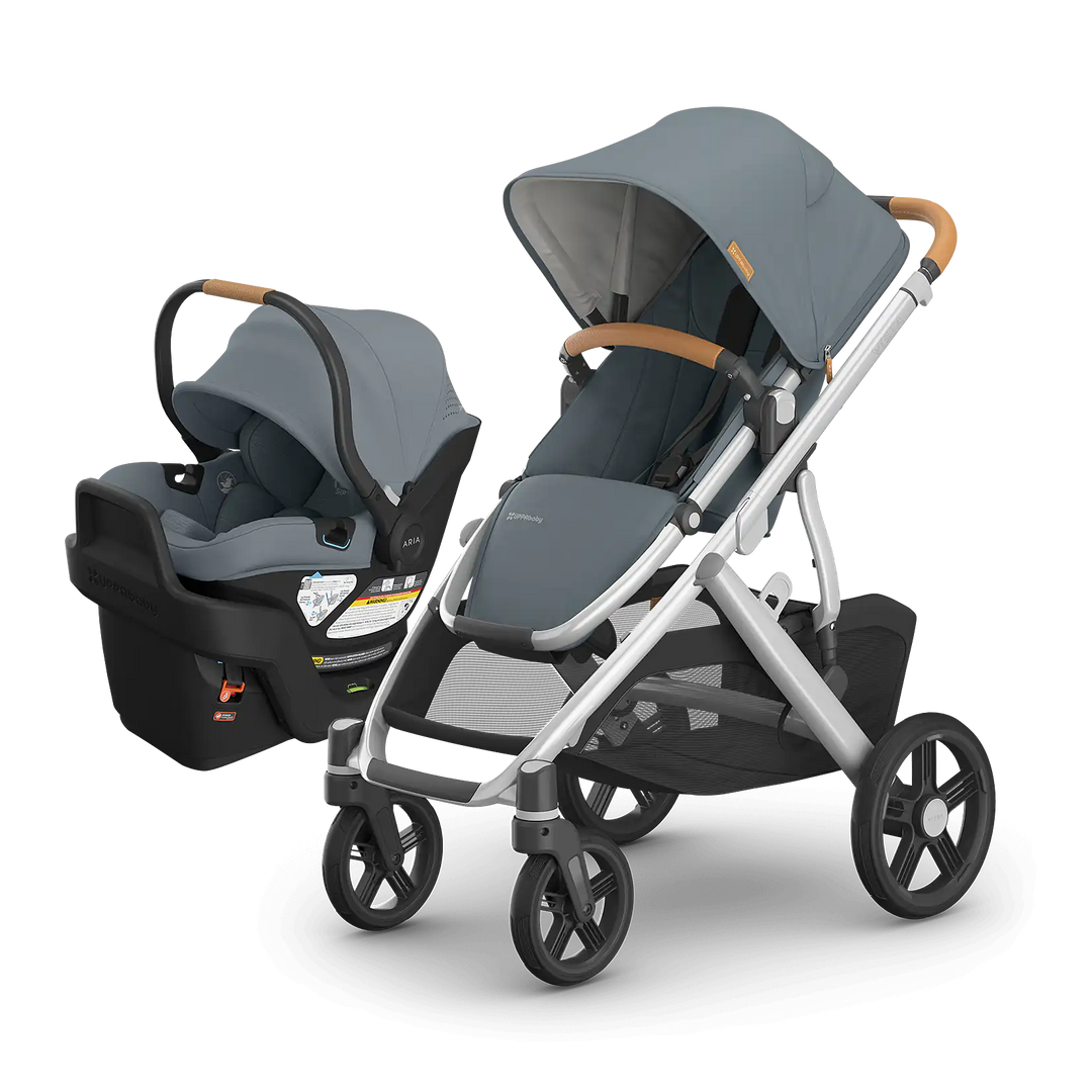 UPPAbaby Vista V3 Callum with Aria V2 Callum — matching stone blue stroller and infant car seat travel system