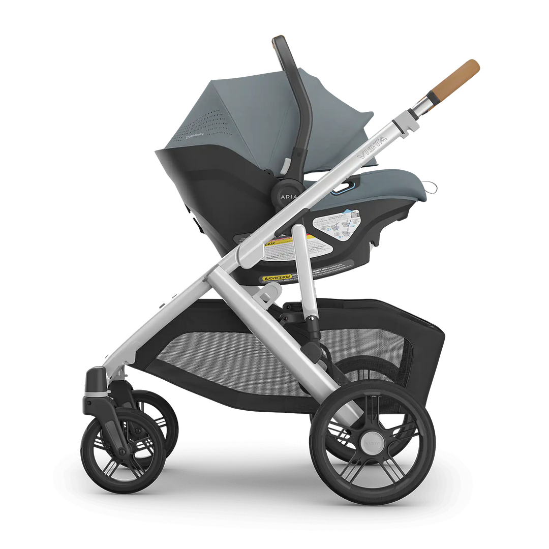 UPPAbaby Vista V3 Callum with Aria V2 Callum side — lightweight infant car seat on full-size stroller
