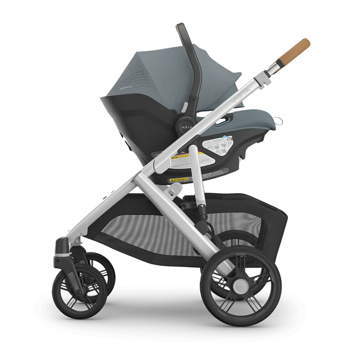 UPPAbaby Vista V3 Callum with Aria V2 Callum side — lightweight infant car seat on full-size stroller