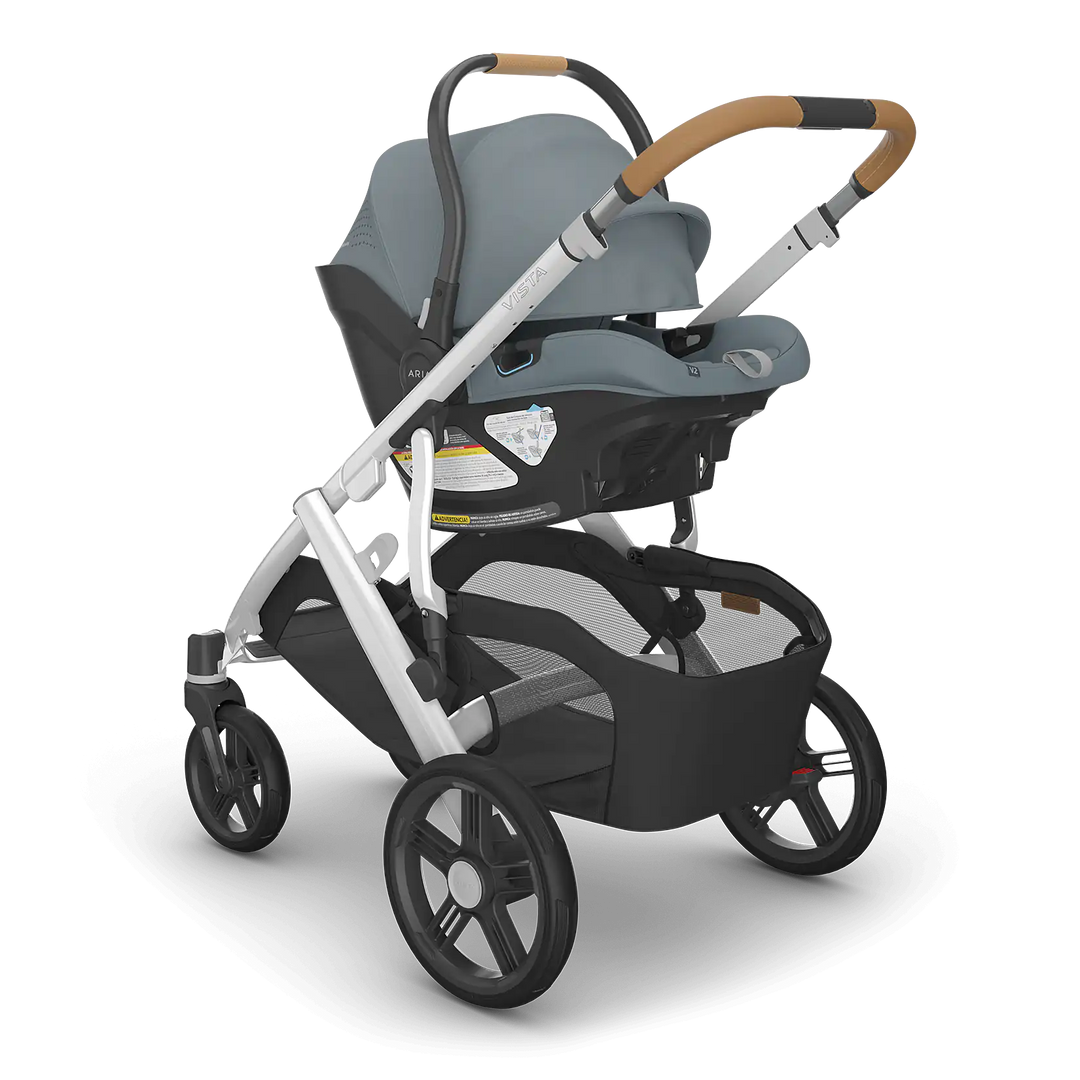 UPPAbaby Vista V3 Callum with Aria V2 Callum angle — best newborn travel system in stone blue