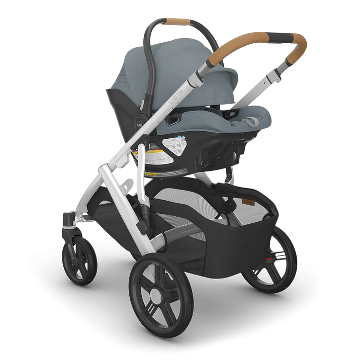 UPPAbaby Vista V3 Callum with Aria V2 Callum angle — best newborn travel system in stone blue