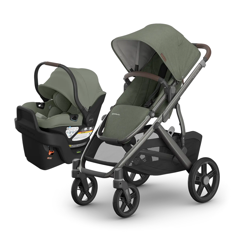 UPPAbaby Vista V3 Evelyn with Aria V2 Evelyn — matching meadow green stroller and infant car seat travel system