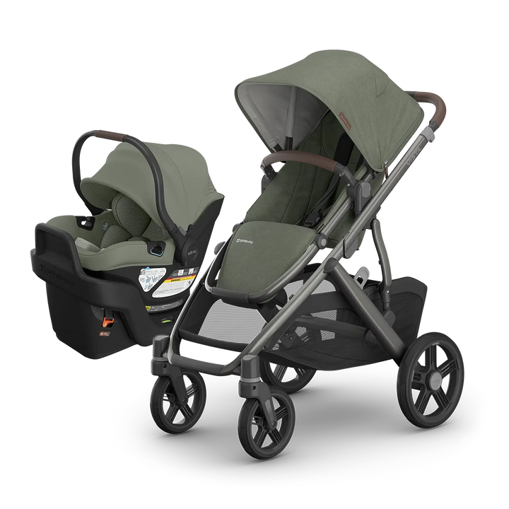 UPPAbaby Vista V3 Evelyn with Aria V2 Evelyn — matching meadow green stroller and infant car seat travel system