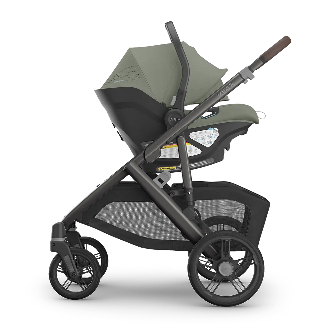 UPPAbaby Vista V3 Evelyn with Aria V2 Evelyn side view — best green newborn travel system bundle