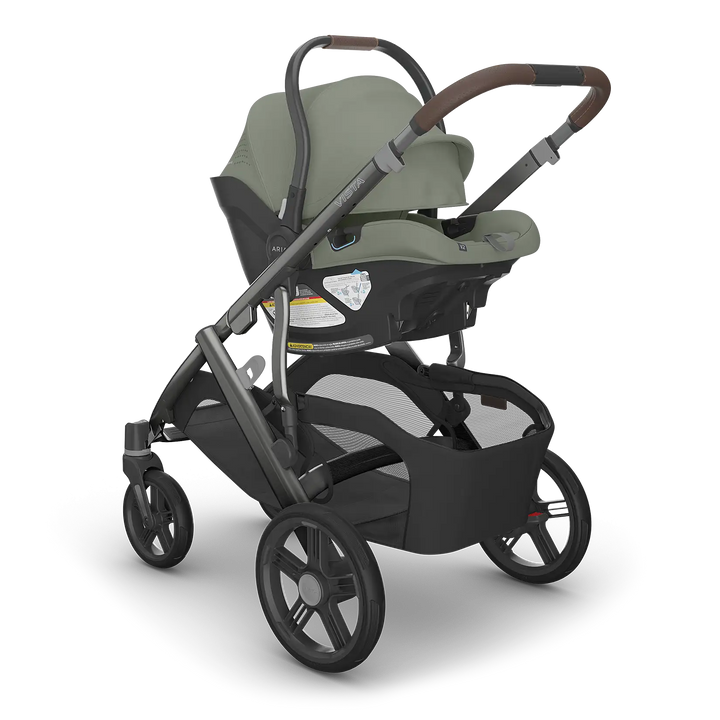 UPPAbaby Vista V3 Evelyn with Aria V2 Evelyn angle — meadow green stroller and car seat travel system